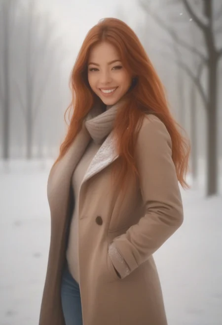 em5588, best illustration, illustration, masterpiece, best quality, ultra-detailed, photo of beautiful woman, (masterpiece) (best quality) (detailed) (8k) (HDR) (wallpaper) (cinematic lighting) (sharp focus) (intricate)
1girl, seductive, red hair. coat, smile;
Winter, snow, in the park,