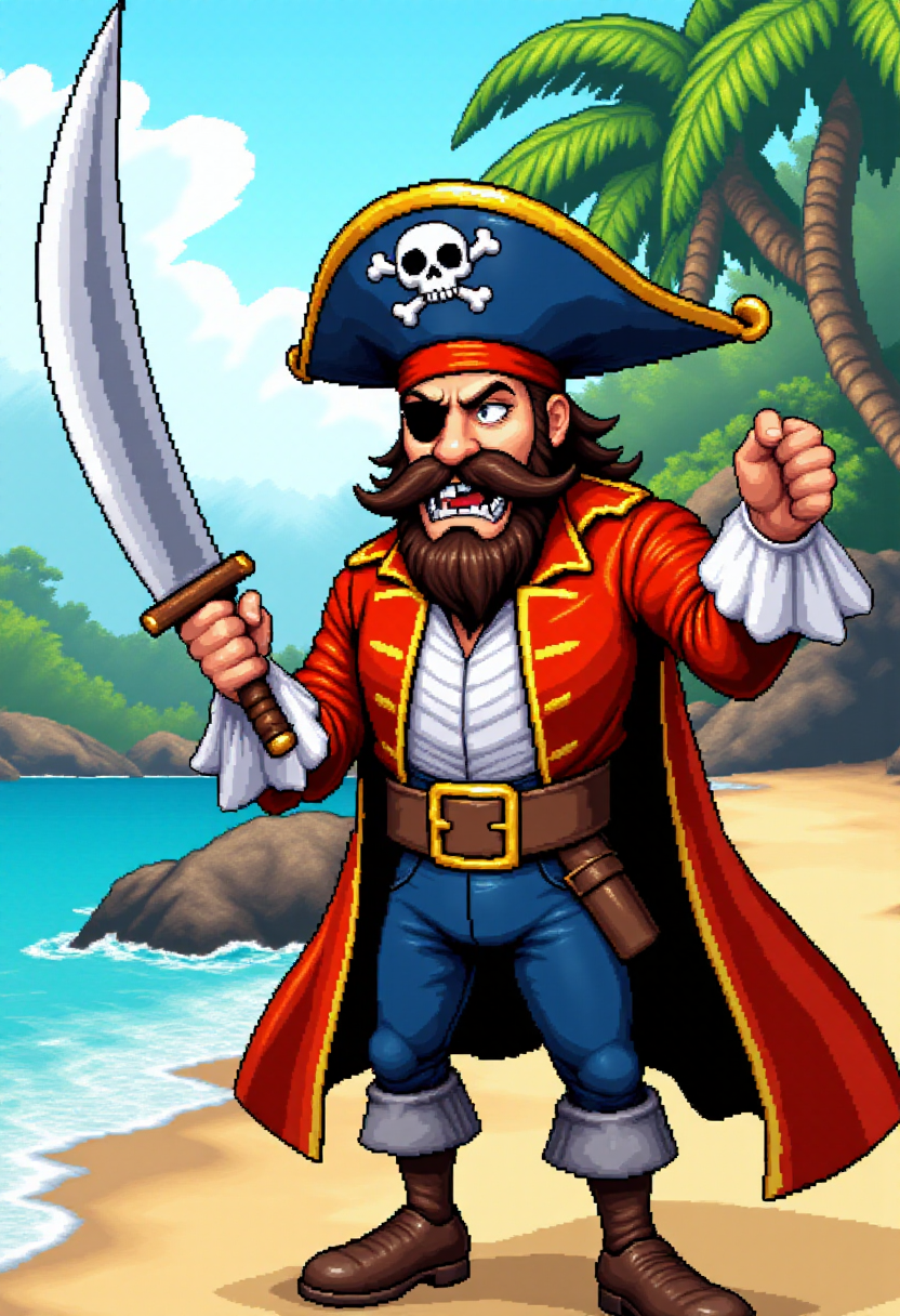 <lora:KFT_2d_Pixel_Style_FLUX-000017:1>
The image is a vibrant kftpxl pixel art illustration featuring    a pirate captain wielding a cutlass