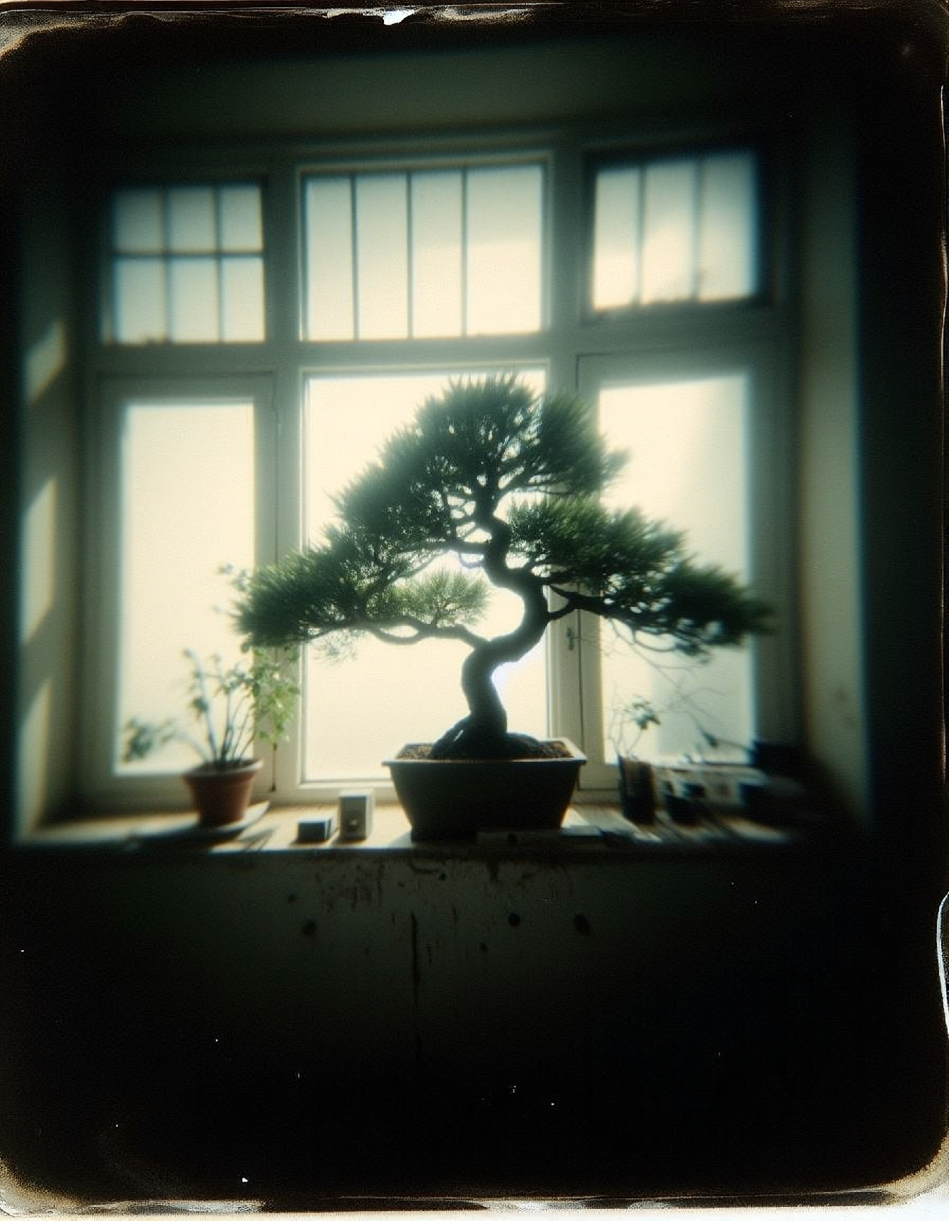 pinhole photography of a bonsai tree on a window sill, artificial lights, shadows