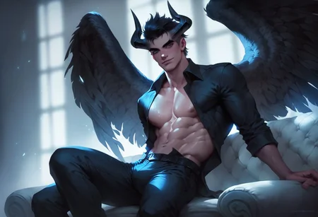 score_9, score_8_up, score_7_up, realistic style, 1boy, man he him male, fallen angel, red irises, pale skin, slight smirk, soft face features, handsome, expensive designer clothes,  ((black medium hair parted on the left)), faded hair tips, ((4 four black feathery wings on his back,)), black shiny horns curling over his head, casually lounging on a modern sofa, ceo, urban fantasy, ((partially open black button up)), soft muscular chest, calm, serene, late afternoon, looking towards viewer, (hd high quality details), source_anime, realistic oil painting, by Magic the Gathering