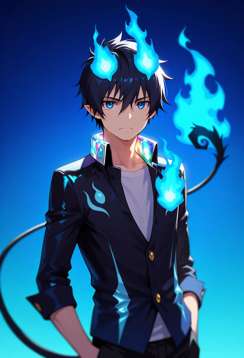 masterpiece, best quality, , , , depth of field, 1boy, solo, male focus, <lora:rin_okumura_ilxl:0.98>, rin_okumura, black hair, blue eyes, short hair, hair between eyes, , tail, blue fire, , disco costume