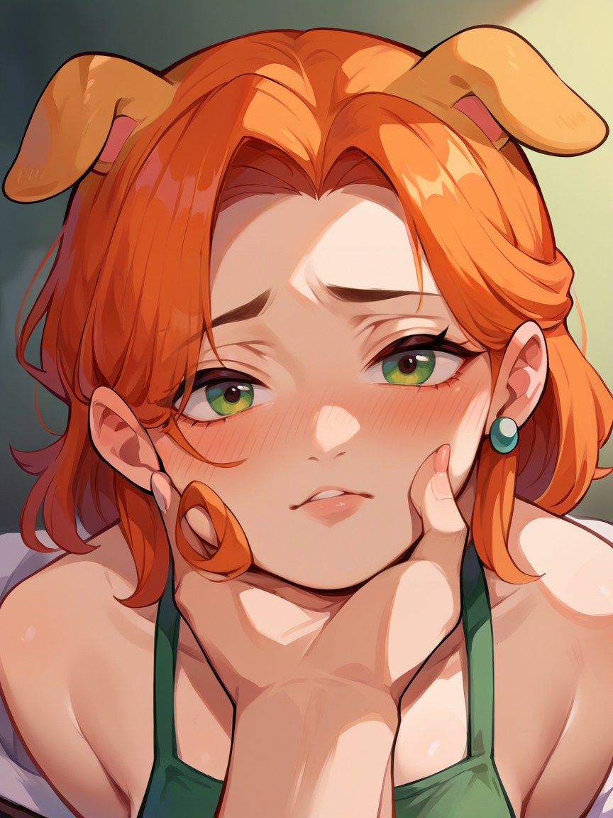 score_9, score_8_up, score_7_up, score_6_up, score_5_up,  <lora:gr4bch1nXLP:1> pov, gr4bch1n, grabbing anothers chin, hand on another's chin, puppy ears, 1girl, closed mouth, blush, ginger