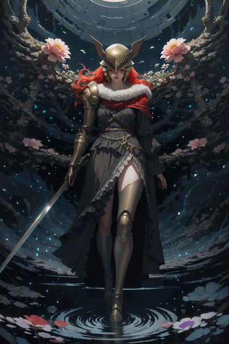 High Quality, Masterpiece, <lora:AnzhcDreamwave v3_1 watermark fix:1>, anzhcdreamwave, aesthetic, 8k unreal engine photorealism, ethereal lighting, purple, nighttime, darkness, surreal art, fantasy, glowing, 1girl, prothestic leg, single mechanical arm, prosthesis, MaleniaDef, armor, cape, helmet, brown dress, <lora:MaleniaV2:1>, sword, holding sword, full body, wide shot, flower, water, solo, sunset, night, (dark environment), Merge contrasting colors with strong brushstrokes, creating a collision of chaotic color forms and energetic interactions on the canvas,