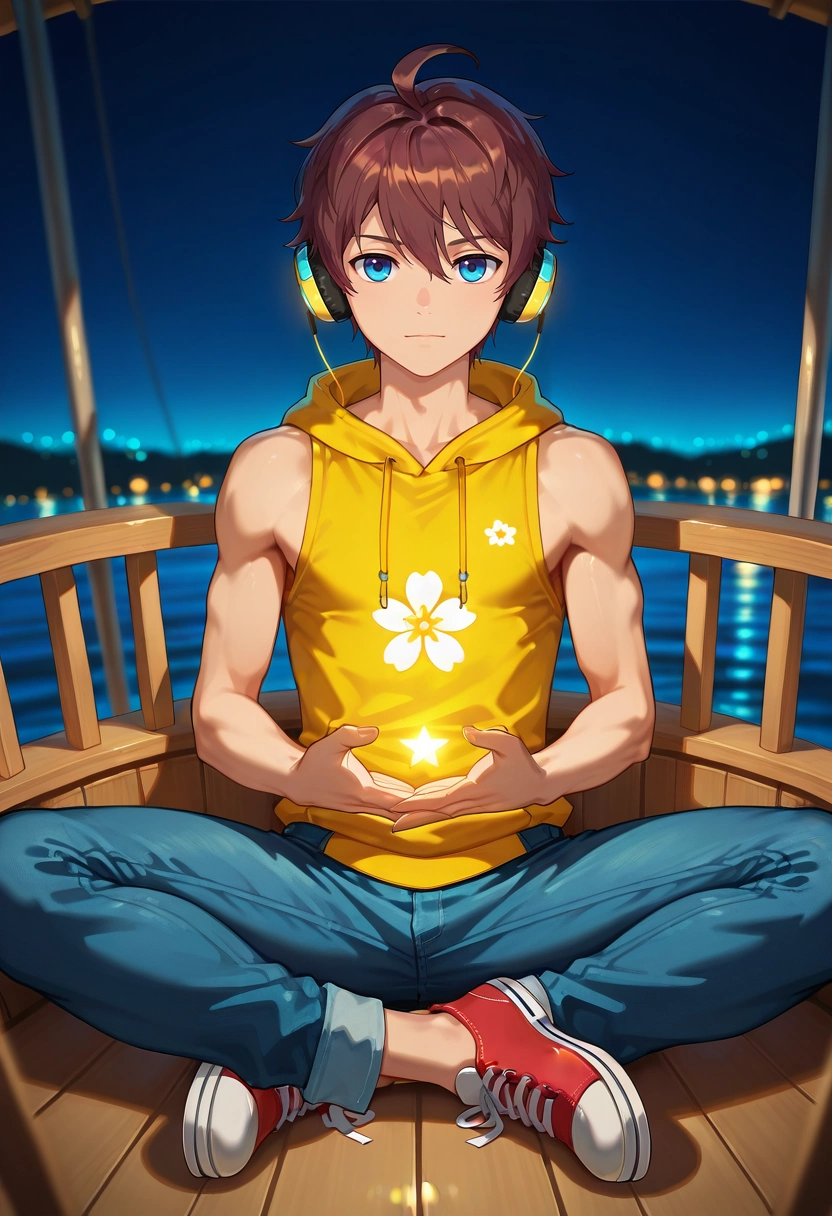 masterpiece, best quality, intricate details, (realistic:0.6), looking at viewer, depth of field, 1boy, solo, male focus, <lora:seto_aihara_ilxl:0.92>, seto_aihara, brown hair, blue eyes, short hair, ahoge, headphones, uniform, neon sanctuary, light temples, holo-gardens, quiet spaces, meditation pose, serene expression, night, Floral GoldenYellow Cotton Slim-fit jeans, Sleeveless muscle hoodie, Boat shoes, ,