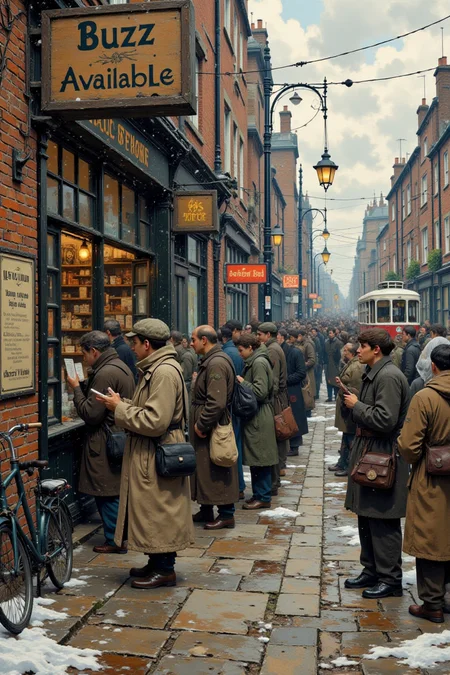 c0mix2, A highly detailed, realistic scene of people queuing in front of a ration store in 1940s London during World War II. The store’s weathered wooden sign reads 'Buzz Available' in bold, slightly faded lettering. A long line of civilians, bundled in heavy wool coats, scarves, and hats, stands patiently in the cold winter air, their breath visible. Some clutch ration books, while others carry burlap sacks and cloth bags, waiting for essentials. The street is bustling with activity—bicycles leaning against lampposts, a tram passing in the distance, and wartime posters plastered on brick walls. Snowflakes drift down, settling on cobblestone streets slick with slush. The atmosphere is a mix of resilience and urgency, as people brace against the wind, exchanging quiet conversations while ration clerks inside prepare supplies. The muted, earthy color palette enhances the era’s historical authenticity