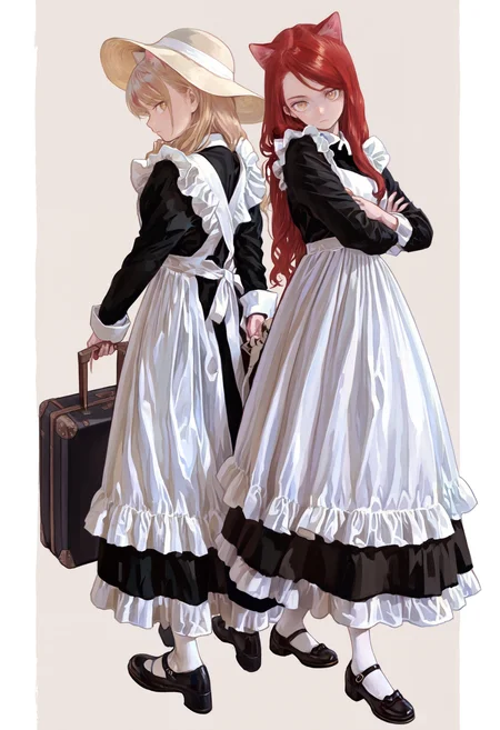 masterpiece, highres, absurdres, newest, very awa, painting \(medium\), (flat color:1.1), pillarboxed, simple background, 2girls, cat ears, maid, apron, long dress, frilled dress, white pantyhose, mary janes, red hair, blonde hair, sun hat, holding, suitcase, standing, back-to-back, looking back, looking at viewer, crossed arms, arms behind back, <lora:spo_sdxl_10ep_4k-data_lora_webui>, <lora:illustrious_noobai_epsilon_pred_1_best_quality_v1:0.4>, <lora:FKEY_WAI>,
