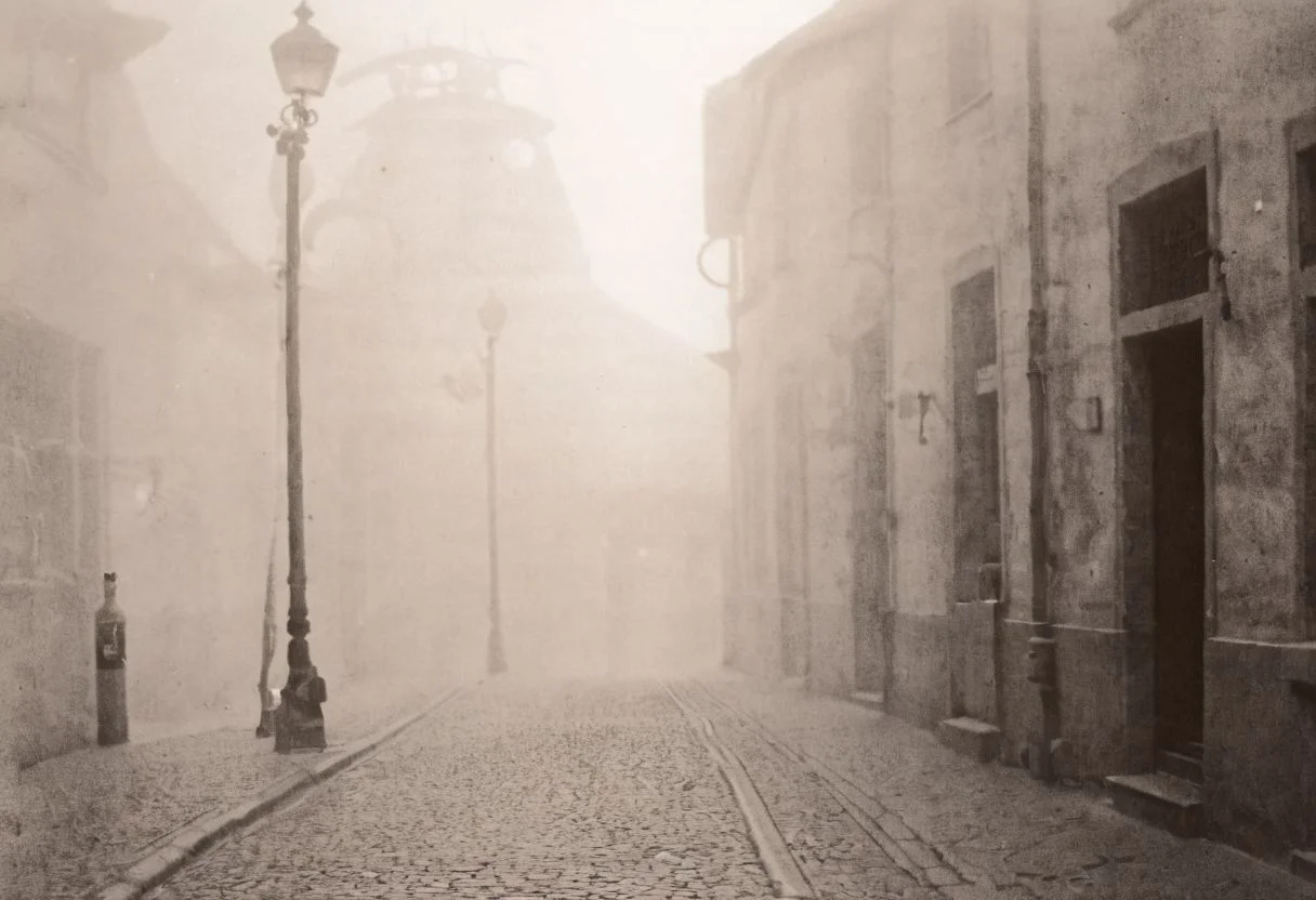 lith_agfabrovira_BS111, a foggy street somewhere in europe, hard shadow