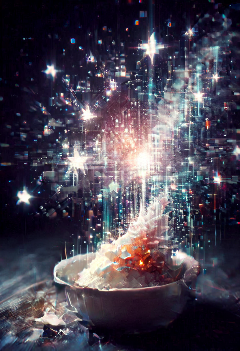 Stardust: A shimmering, silver-white dust that sparkles like stars in the night sky.   culinary photo , macro photography,  depth of field
 <lora:Glitch Style:1> glitch, flickering, digital, glitch style <lora:DetailMaximizer:1> <lora:araminta-glamoutphotography_f1_v1:1>