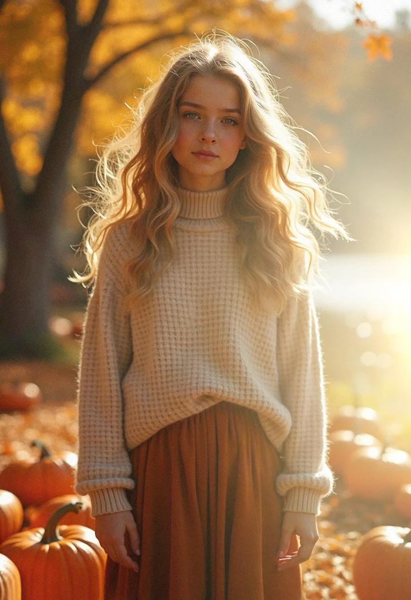 portrait, beautiful girl with golden hair, slightly curly hair, warm colored sweater, long skirt, autumn, autumn vibe, autumn leaves, autumn trees, pumpkins, small village, lots of sun, soft sunlight, wide lake, hair fluttering in the wind, autumn flowers, yellow leaves, green leaves, brown leaves, orange leaves, burgundy leaves, big oak, maple, highly detailed portrait, high quality, 34K uhd, masterpiece, high detail, 8k, intricate, detailed, high resolution, high res, high quality, photorealism, highly detailed, extremely high-resolution details, fine texture
