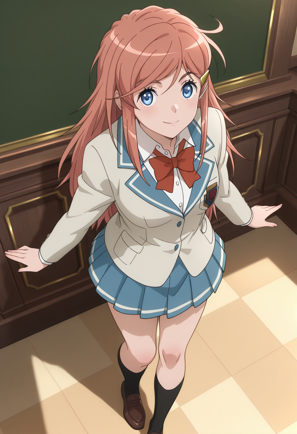 masterpiece, best quality, very aesthetic, absurdres, 1girl, solo, 
<lora:kato_marika_v01:1>, kato_marika, marika_school, brown hair, long hair, blue eyes, hairclip,
school uniform, blazer, red bow, blue skirt, plated skirt, black socks, brown loafers, smile, posing