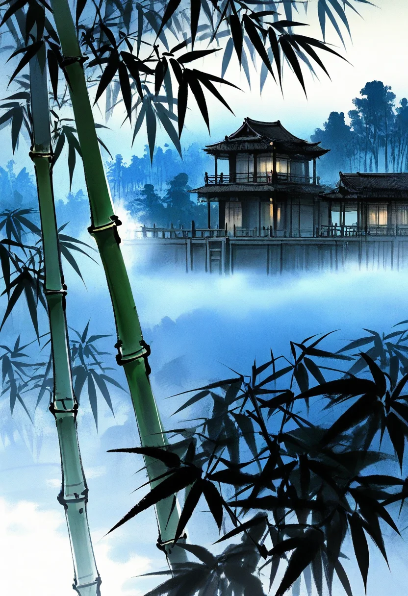 no humans, cabin, moonlight, tree, bamboo forest, smoke, fog, minimalism, east asian architecture, white background,
BREAK
<lora:Ink_wash_painting_style_v1.5:1>,
BREAK
best quality, masterpiece, very aesthetic, absurdres, highest detailed, very awa, simple background,