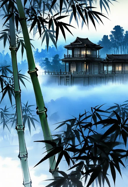 no humans, cabin, moonlight, tree, bamboo forest, smoke, fog, minimalism, east asian architecture, white background,
BREAK
<lora:Ink_wash_painting_style_v1.5:1>,
BREAK
best quality, masterpiece, very aesthetic, absurdres, highest detailed, very awa, simple background,