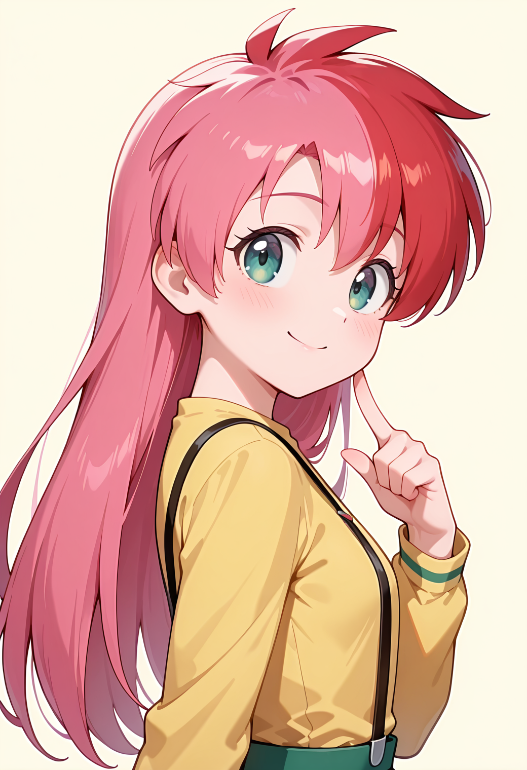 masterpiece, best quality, very aesthetic, absurdres, 1girl, solo,
<lora:yamato_sora_v01:0.9>, <lora:outline_xl_kohaku_delta_spv5x:-1>, yamato_sora, sora_normal, two-tone hair, pink hair, red hair, long hair, green eyes,
yellow shirt, long sleeves, suspenders, smile, posing, upper body
