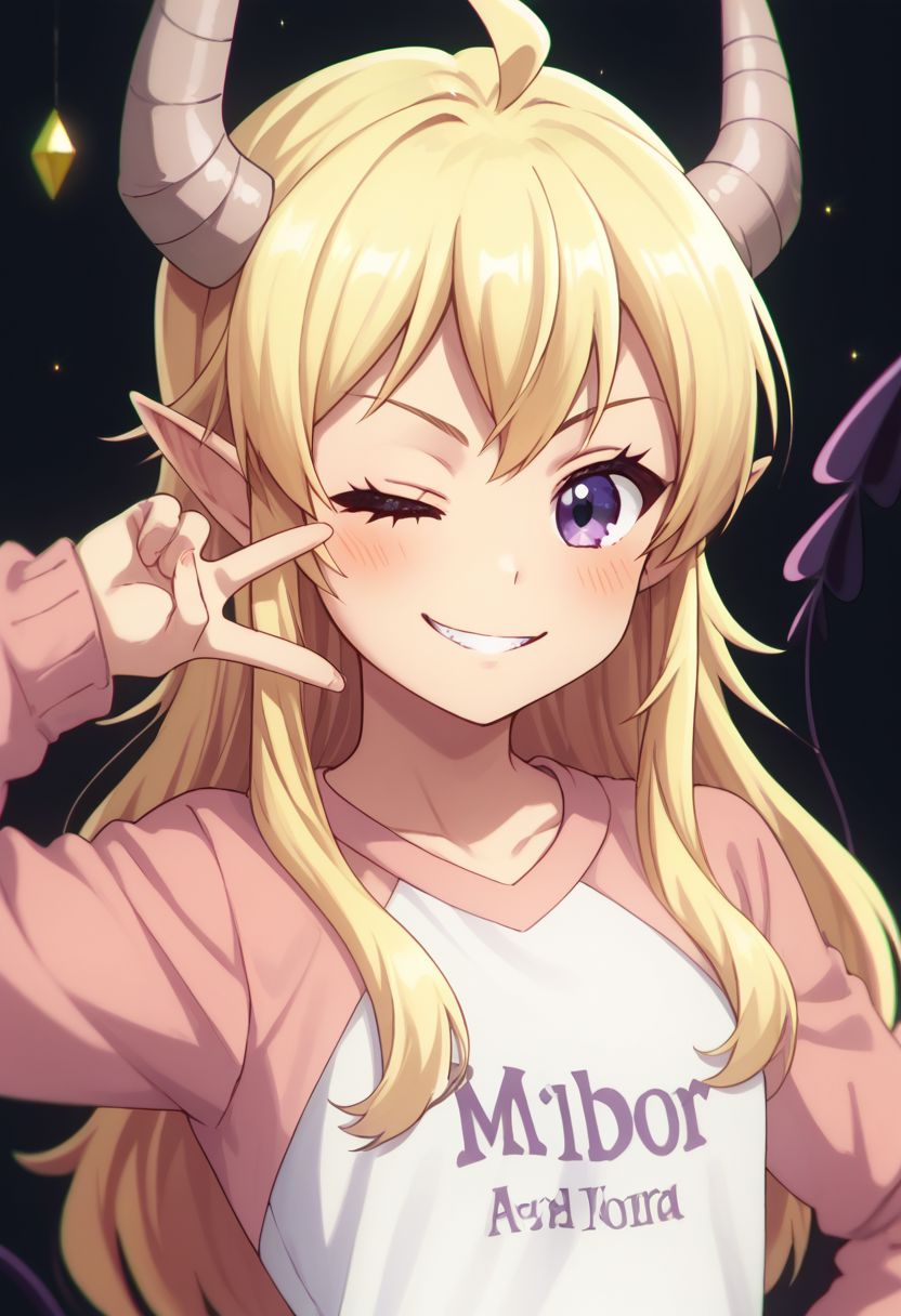 score_9, score_8_up, score_7_up, source_anime, highly detailed, 
lilith, 1girl, horns, v over eye, tail, demon tail, one eye closed, long hair, solo, raglan sleeves, demon horns, demon girl, blonde hair, ahoge, pointy ears, smile, blush,
v, purple eyes, parody, looking at viewer, broken horn, upper body,
black background, stars,