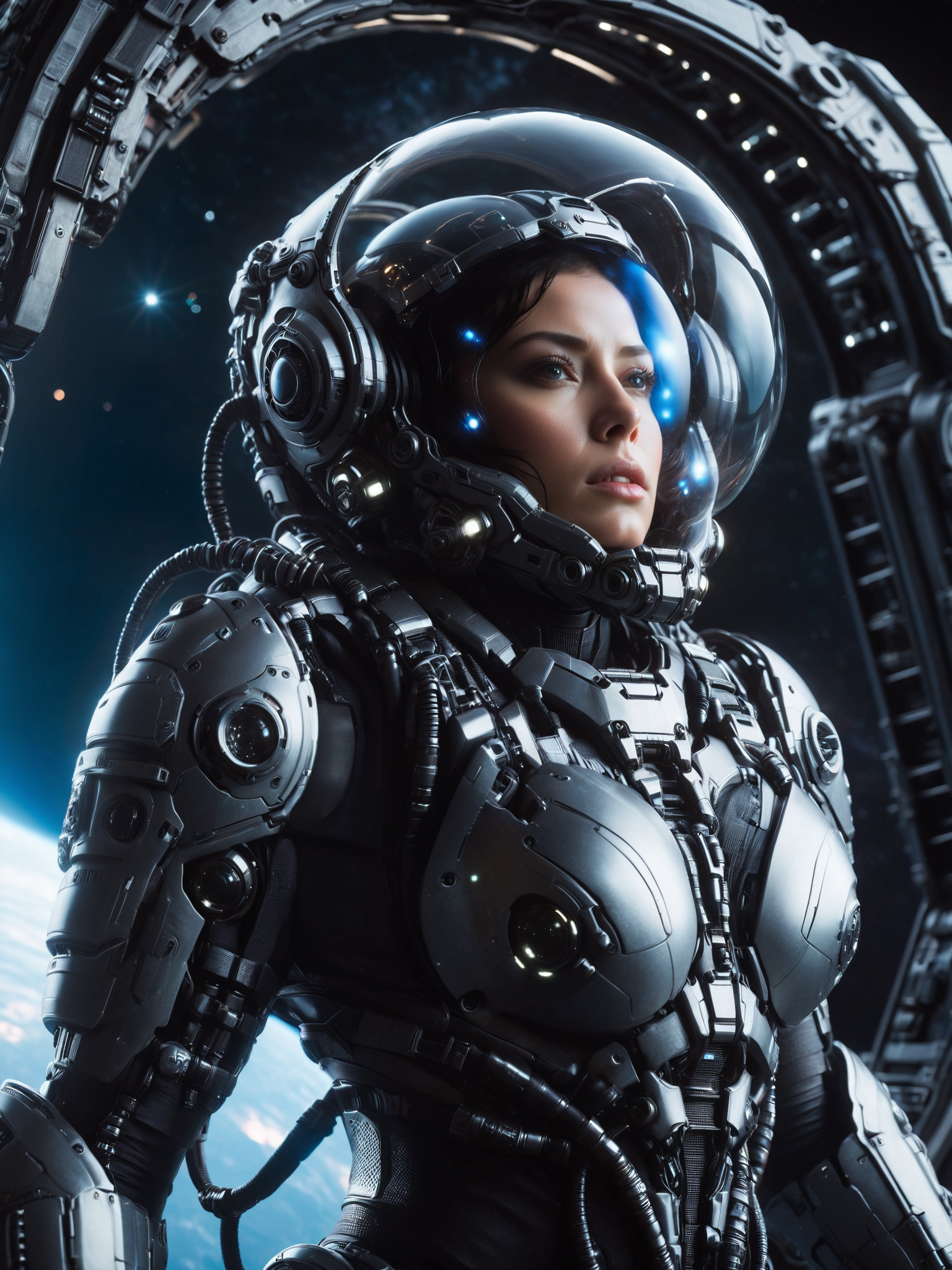 woman floating in space tethered to space ship operating machinery, scifi, heavy bodyarmor, helmet, clear visor, mad-hvybdyarmr, cinematic shot, dramatic lighting, masterpiece, best quality, ultra high res, (photorealistic, realistic:1.2), deep shadow, raw photo, film grain, Fujifilm XT3, 8k uhd, dslr