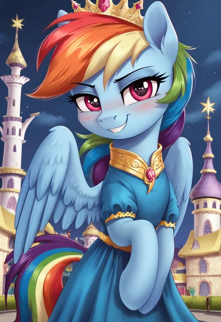 score_9, score_8_up, score_7_up, score_6_up, score_5_up, score_4_up, g4, pony, feral pony, rainbow dash, happy, smile, tiara, dress, look at you, canterlot, night, blushing, cute, glare, high res,