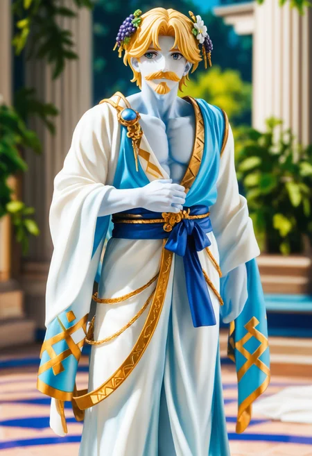 male,mature male,blonde_mustache,cowboy shot,hair flower, with flower,cowboy shot,light blue skin,pale blue skin,Powder blue skin,blurry background, flower censoring ,convenient censoring, <lora:NijV6Style:1>,(muscular:0.7),grape hair ornament, grapes,greece, Flowing white robes of light linen, draped elegantly over one shoulder in the style of ancient Greek attire. The loose-fitting, floor-length garments create sculptural folds as figures move among marble columns, embodying the essence of classical Mediterranean fashion