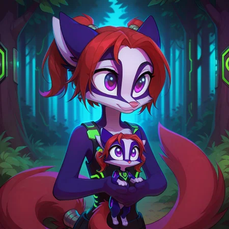 Dreamkeepers,Indi_and_Digo,1girl,solo,furry,tail,source_furry,,red hair,purple fur, purple eyes,
masterpiece, child, kid,
holding a fox, neon circuitry, nature, forest, best quality, amazing quality, very aesthetic, absurdres, detailed eyes, newest, pinkneoncybercore, <lora:PinkieNeonCybercoreIL:1>,