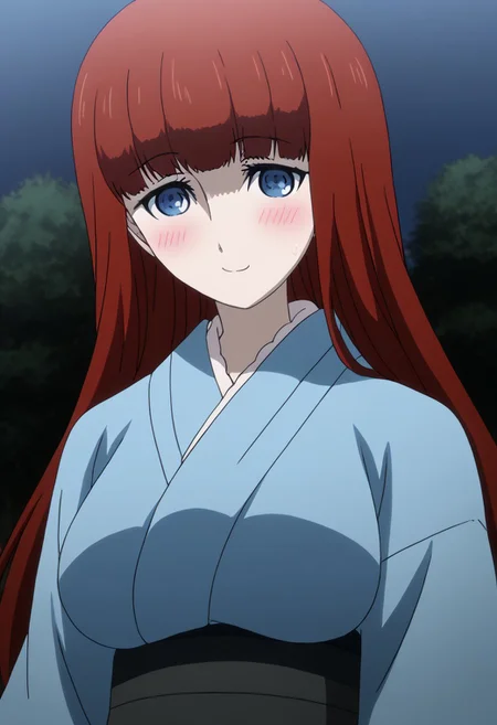 rating_safe, Ultra-high-detailed Anime illustration of Kagari Shiina from Anime Steins;Gate 0. The artwork features Kagari in a solo, standing position with a outdoors, flield and  background. firework exploding in background in the sky. night time. night.
She is depicted with intricate details showcasing her large breasts, natural_breasts. She is a white skinned, 22 years old woman. Kagari is looking_at_viewer with perfect_eyes, Her pupils are highly detailed. The eyes are open. blue eyes. Kagari's eyes are highlighted. Highlighted eyevrows. 
She has long hair, red colored hair, styled in blunt bangs and floating hair.
She is wearing a blue kimono and black shoes. The artistic style is intricate_details_xl with a focus on Anime art. The color palette emphasizes red and black with detailed strokes to bring out the character's features. The lighting creates dramatic shadows and highlights, adding depth to the artwork. The perspective is from a face focus, dutch angle to enhance the impact of the character's expression. This masterpiece is a true portrayal of Kagari's complex personality and will captivate any fan of Kagari. uncensored, upper body, blushing, smile, Kagari Shiina,
perfecteyes,
<lora:Steins_Gate:1>
kimono