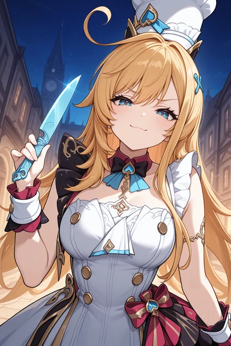 masterpiece, best quality, 1girl, solo, <lora:escoffier-illu-nvwls-v1-000007:1> gsesc, blonde hair, long hair, ahoge, blue eyes, breasts, white hat, hair ornament, black bowtie, blue ascot, white dress, double-breasted, frilled dress, sleeveless dress, gold buttons, wrist cuffs, black overskirt, smug, looking at viewer, upper body, european architecture, holding blue knife, night sky, street