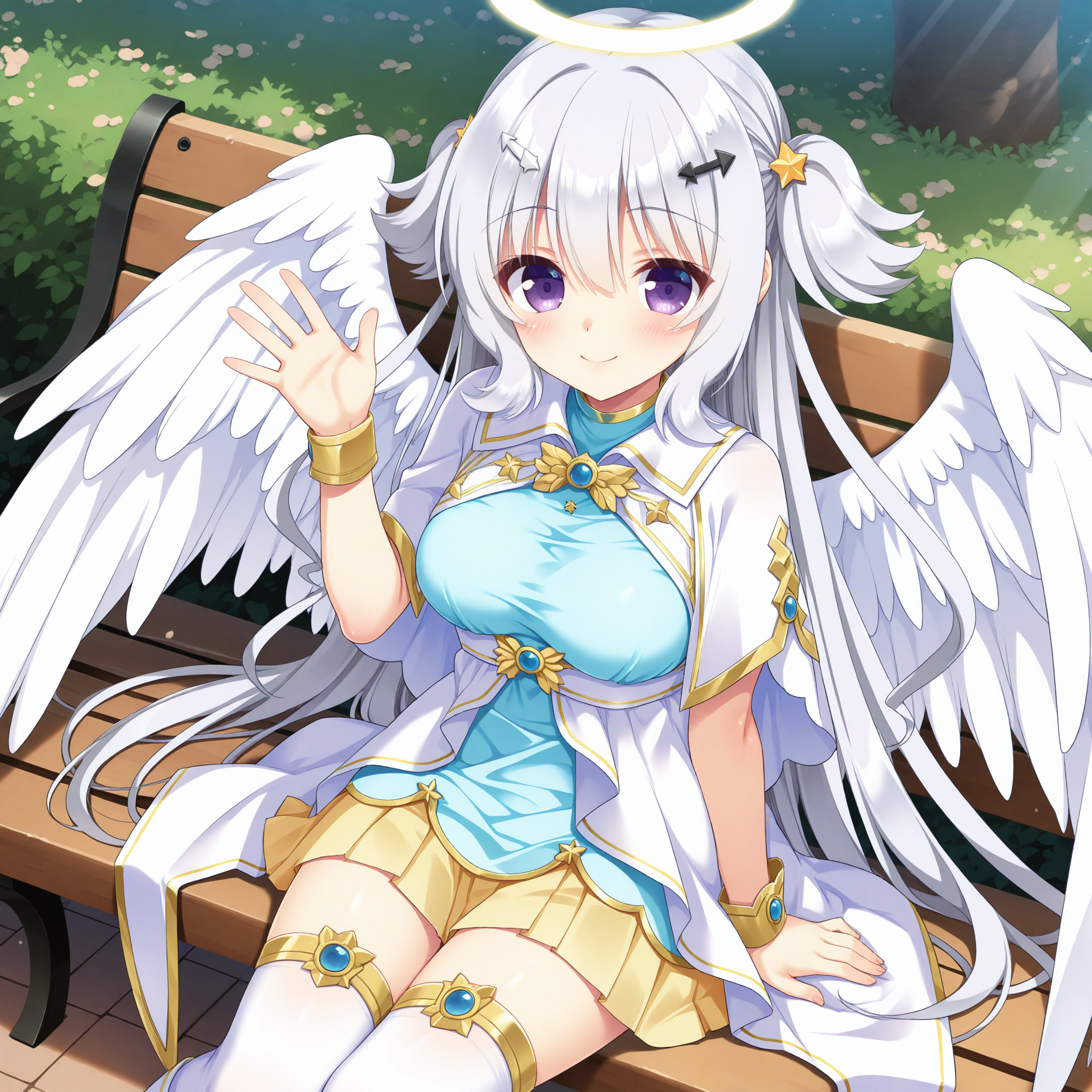 <lora:tenshi_chan_1_nai-000046:1>,tenshi chan,long hair,white hair,purple eyes,medium breasts,
two side up,arrow hair ornament,star hair ornament,hairclip,
cosplay,white footwear,white wings,feathered wings,halo,boots,angel,pleated dress,angel wings,white capelet,light blue dress,yellow skirt,gold trim,short sleeves,white dress,
1girl,solo,smile,sitting,on bench,waving,front view,looking at viewer,