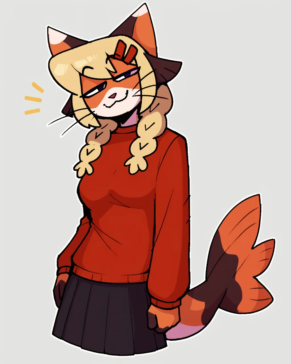 score_9_up, score_8_up, score_7_up, score_6_up, by remanedur,  female, blonde hair, cat, braids, tail, medium breasts, red sweater, twin braids, furry, skirt, hair clip, fish tail,  half-closed eyes, looking at viewer, happy, smug, smile, head tilt, solo, three-quarter view, simple background, white outline,  <lora:Leah_Pines(AIM)_XL_v1:0.15> <lora:PDXL_artist_tags_v2_big:0.5> <lora:The-Minuscule-Task_PDXL_v1.0:0.6>  <lora:Catfish_eviex_01:0.7>