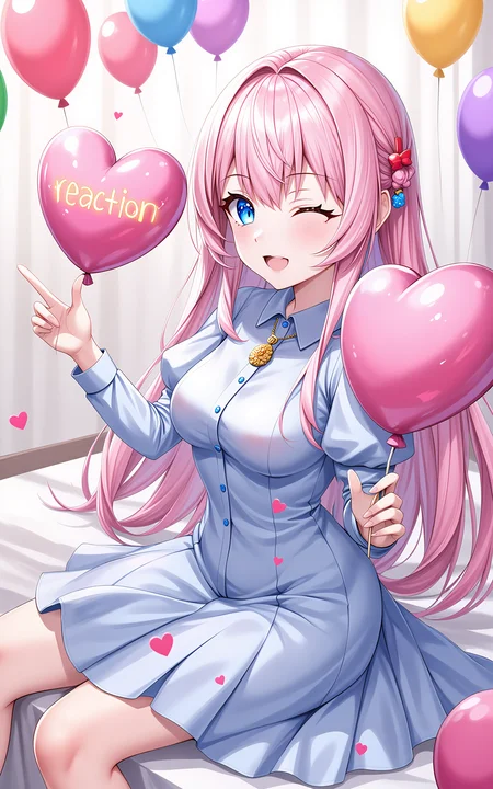 A pink long-haired girl wearing a spring-style long-sleeved blue dress,surrounded by colorful balloons in various shapes and hues,sitting casually,cheerfully extending one hand toward the camera holding a heart-shaped balloon,the balloon has glowing letters âfollow reactionâ written on it,one eye closed in a playful wink,joyful expression,heart-shaped sparkle overlay,dreamy saturated lighting from below,stylized shading,fantasy-inspired color tones.,<lora:hakaseayaka-base-02-flux:0.7>,hakaseayaka,blue eyes,long pink hair,anime-style,