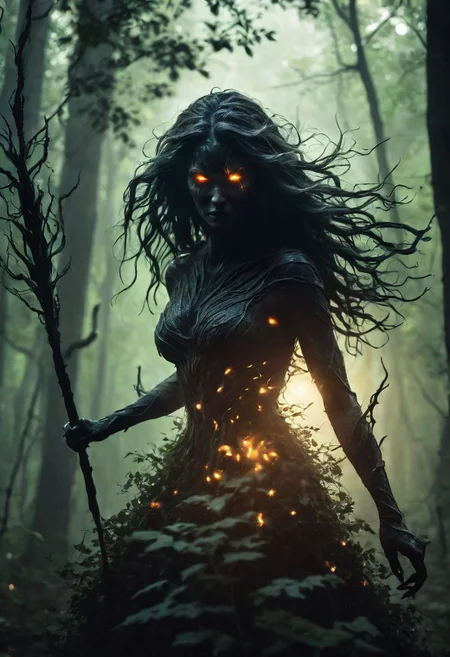Silhouettes of dark ghostly woman. Capture the essence of Nature's mystical beings She stands ready to fight intruders. long hair. Glowing eyes. Glowing spear. Forest color palette. Light armor made of roots and leaf. Realistic. DEVIL SPAWN. Cinematic lighting, Volumetric lighting, Epic composition, Photorealism, Bokeh blur