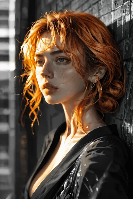 score_9_up, score_8_up, score_7_up, ADDBASE Realistic, hyper-realistic, hyperrealistic, portrait,
sidewalk, skyline, Tokio, bookeh, dynamic angle, leaning at wall, thinking,
beautiful woman, long vibrant orange hair with soft, loose wavy hair, warm copper and tangerine tones adding depth, gentle face-framing layers for a playful touch, subtle shine enhancing the rich color, creating a bold and lively look, mole, smooth skin, round breasts, layered kimono, black kimono, floral printed kimono,
natural lighting, film grain, sunset, golden hour,
<lora:MJFL_Portrait_Style__Pony:0.8> monochrome, greyscale, colored, selective red color <lora:Smudge:1> smudgy,