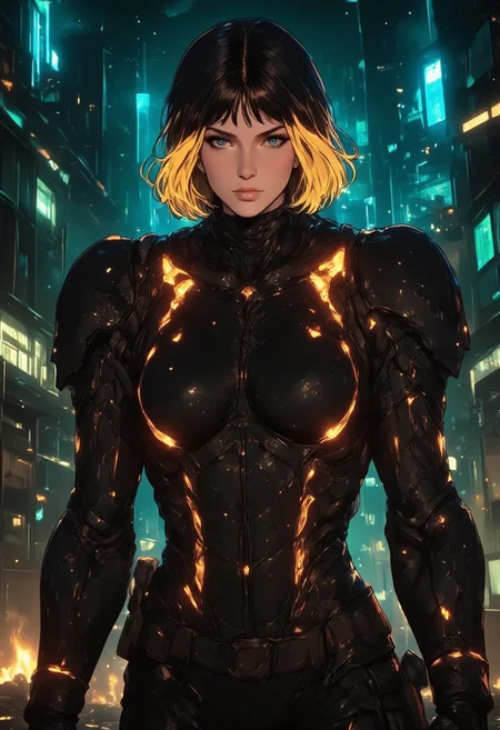 "A digital artwork in a futuristic cyberpunk theme. The central figure is a woman with neon golden hair cut in a sleek bob, wearing a high-tech, form-fitting black armor suit illuminated by neon accents. Her pale skin contrasts with her serious expression and piercing eyes. The suit is intricately detailed with mechanical components and glowing elements, especially around the chest and waist. Behind her, a dark, neon-lit cityscape looms, with towering buildings and vertical lights in shades of blue and green, adding depth. Embers float through the air, enhancing the scene’s mystical, intense atmosphere."