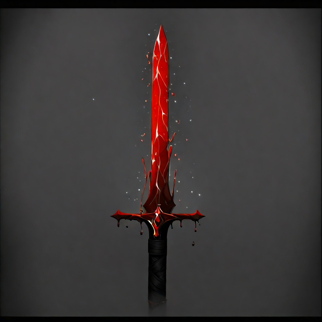 pool of blood, sparkle, scarf, greyscale, realistic lighting, anime style, light particles, dripping, glowing weapon, shattered edge, object-focused, solo, book, simple background, sword, holding, depth of field, glowing, letterboxed, grey background, star (sky), gradient, red theme, crystal, night sky