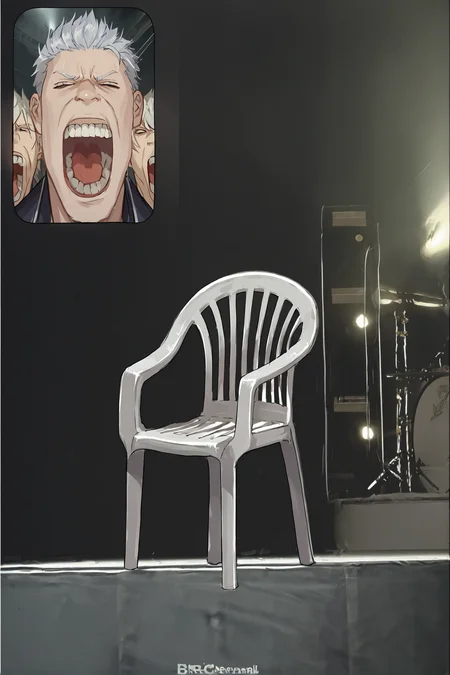 score_9, source_anime, score_8_up, score_7_up, object focus:plastic chair:.5, plastic chair:no humans:.5, multiple views:dmc5vergil:.5, <lora:dmc5_vergil_ponyXL:1> screaming:dmc5vergil:.6, FanScreamingMeme <lora:PlasticChair_XLPD:1> plastic chair, <lora:FanScreamingAtMadisonBeer_XLPD:1.2> music, screen