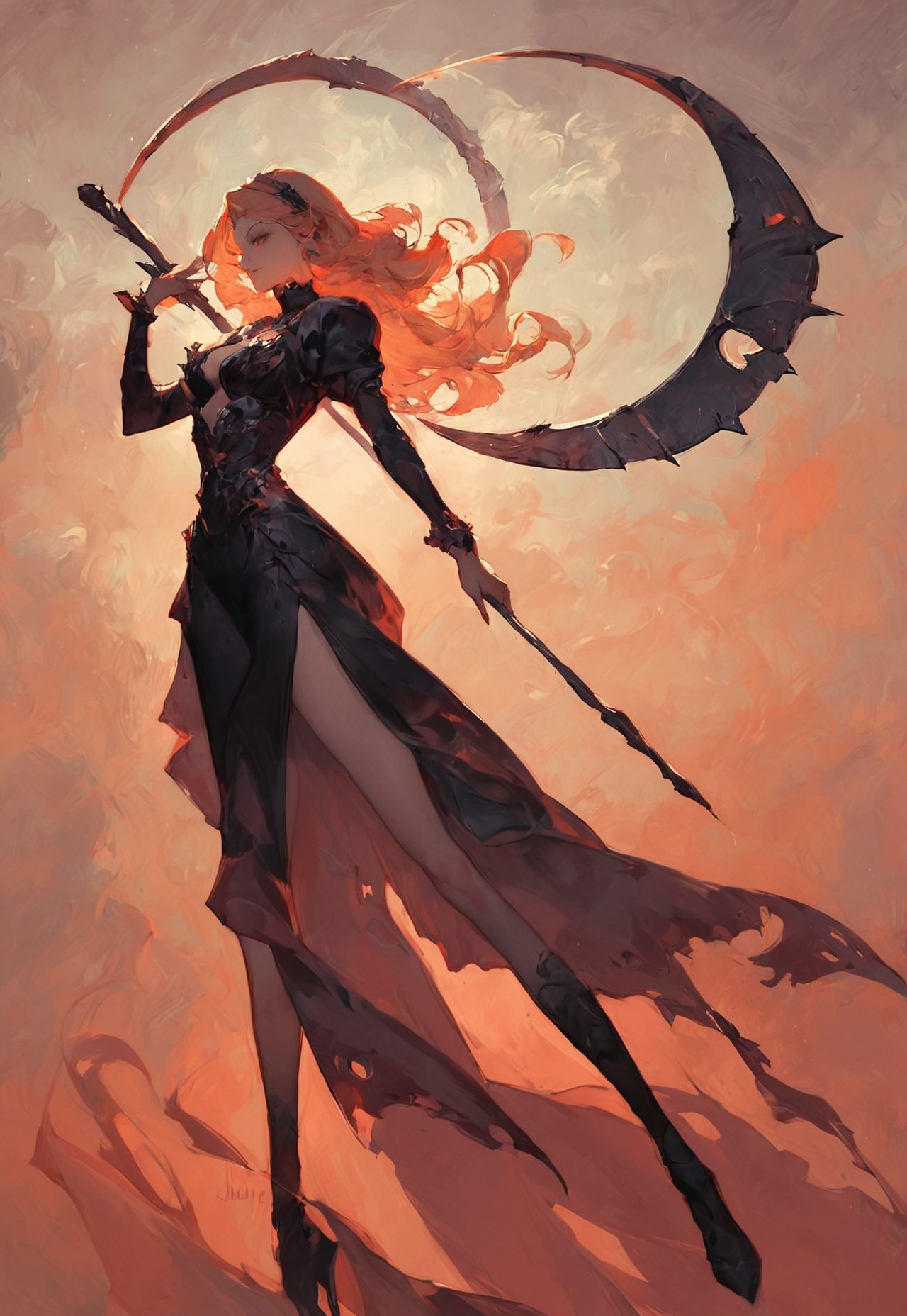 score_9, score_8_up, score_7_up, A vivid oil painting, a beautiful lady in death costume, holding a scythe, long legs, orange gradient background, ray tracing,