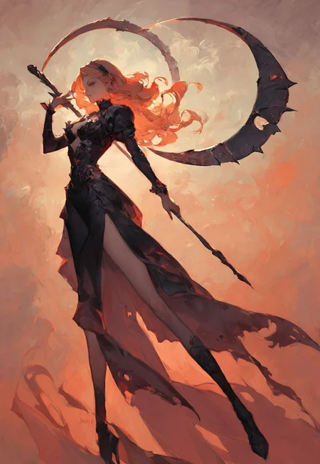 score_9, score_8_up, score_7_up, A vivid oil painting, a beautiful lady in death costume, holding a scythe, long legs, orange gradient background, ray tracing,