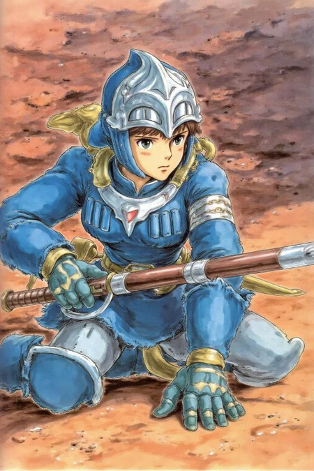 miyaha1 manga illustration A young female warrior crouched on the sandy ground. The young woman has a determined and focused expression. She is are dressed in a blue, armored suit with intricate, silver accents on the helmet and shoulder pads. She hold an antigue musquet in her hands. <lora:miyaha1_cap_d6a3e12:1.0><lora:818052542727612345:0>