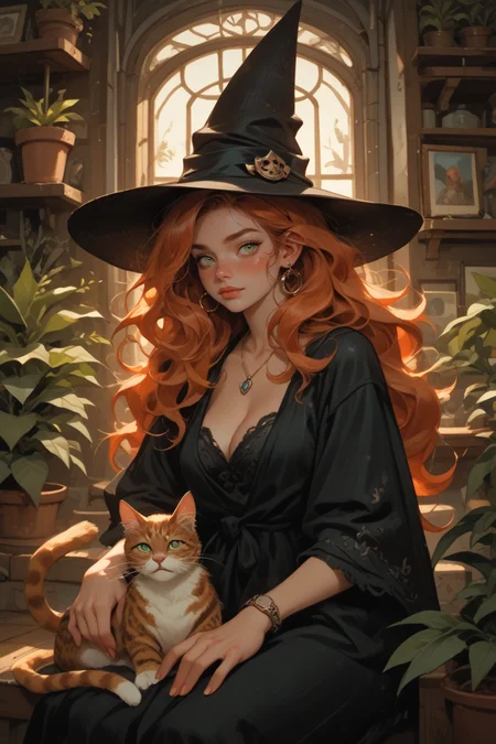potted plant, witch hat, cat, long hair,wavy long hair,freckle,large nature breasts, cleavage,
ginger hair,green pupils,1girl,
<lora:sdxl_lightning_8step_lora:1>
score_9, score_8_up, score_7_up,
masterpiece, best quality, <lora:W1tchyC0ttagec0re Pony Style:0.8>W1tchyC0ttagec0re ,