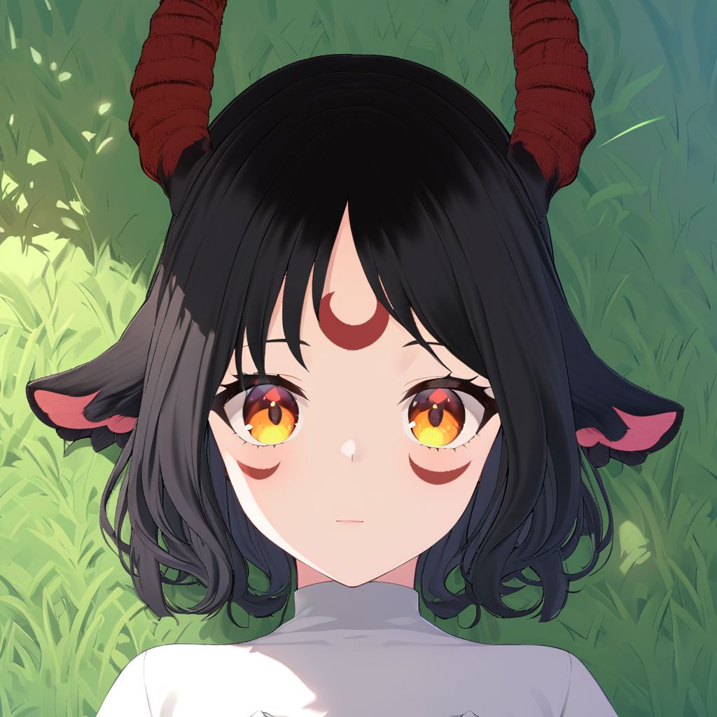 Aluki, 1 girl, solo, moon mark on forehead, only jet black hair, orange eyes, black goat ears only, red goat horns, medium hair, orange eyes, blue eyeliner, no human ears, intricate details, mark bellow eyes, short sleeves, looking at viewer, grass, white dress, sunlight,dappled sunlight, day, depth of field