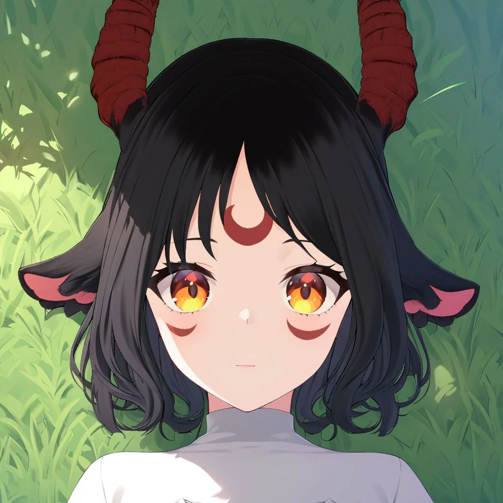 Aluki, 1 girl, solo, moon mark on forehead, only jet black hair, orange eyes, black goat ears only, red goat horns, medium hair, orange eyes, blue eyeliner, no human ears, intricate details, mark bellow eyes, short sleeves, looking at viewer, grass, white dress, sunlight,dappled sunlight, day, depth of field