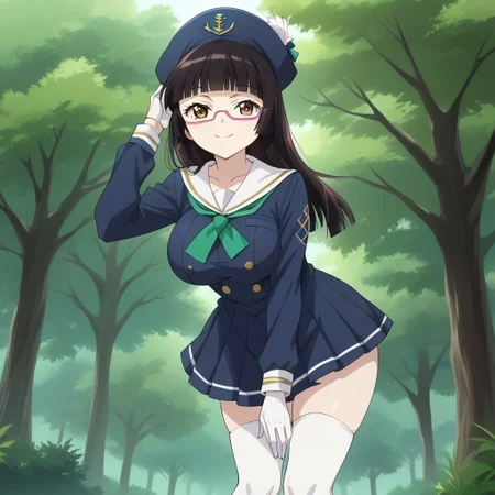 (score_9:0.9),score_8_up,score_7_up,rating_safe,anime style,(zPDXL),masterpiece, anime coloring) rating_safe, anime style, anime_screencap, source_anime,
BREAK source_anime, anime, best quality, masterpiece, rating_safe, uncensored, High quality, 8k, Ultra,
BREAK (Forest, tree,sunny weather,sky,daytime),
BREAK 1girl, Ch1ak1Kur1hara, long hair, blunt bangs, hime cut, black hair, brown eyes, glasses, semi-rimless eyewear, under-rim eyewear, pink-framed eyewear,thick thighs,big ass,
Jed-Salr, Navy Blue Mini Dress, White Trim, White Sailor Collar, Nautical Stripes, White Thigh-High Stockings, Red Heels, Sailor Hat, White Gloves, Sailor Cuffs, White Petticoat,
BREAK ((cowboy shot)),(leaning forward),(hand in own hair),(hand between legs),(from below),
(large breasts:1.2),looking at viewer, smile,