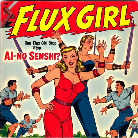 Vintage comic book cover of “Flux Girl” with the title in yellow text. Below the title is a bold tagline in fancy font asking “Can Flux Girl Stop AI no Senshi?”. Both the A and I in “AI” are capitalized. The 1950s pulp art style drawing depicts a super villainess in a pantsuit. The woman would be attractive if not for her three arms, each of which has 6 fingers. The villainess is laughing confidently and each of her three arms each holds a long rapier. Around the woman are normal looking civilians who are running away and screaming in terror at the sight of the villain.