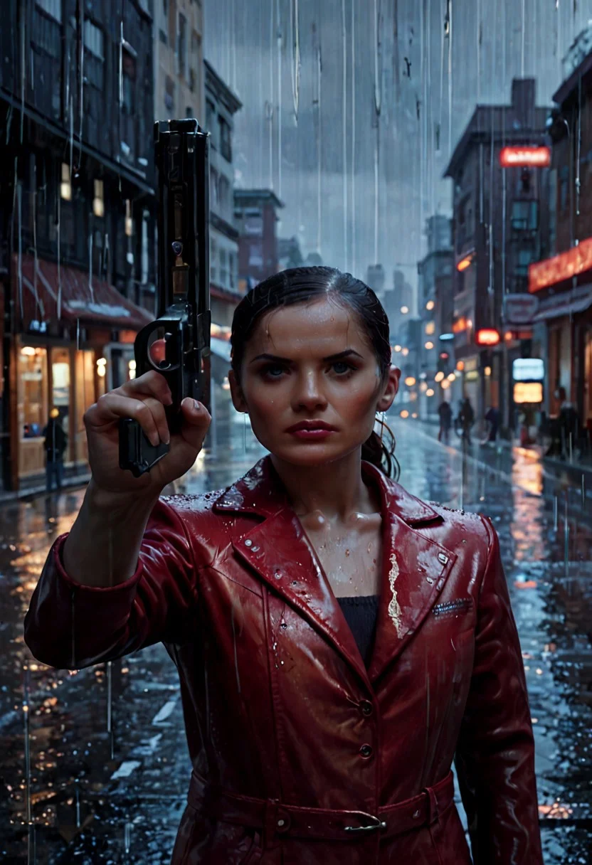 score_9, score_8_up, score_7_up, score_6_up, score_5_up, score_4_up, source_anime, mona_sax_mp2, 1girl, upper body, red leather jacket, jean pants, pointing gun at viewer, rain, city background