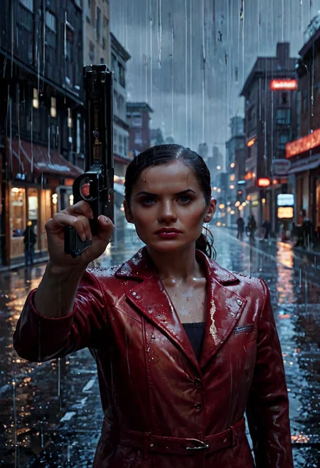 score_9, score_8_up, score_7_up, score_6_up, score_5_up, score_4_up, source_anime, mona_sax_mp2, 1girl, upper body, red leather jacket, jean pants, pointing gun at viewer, rain, city background