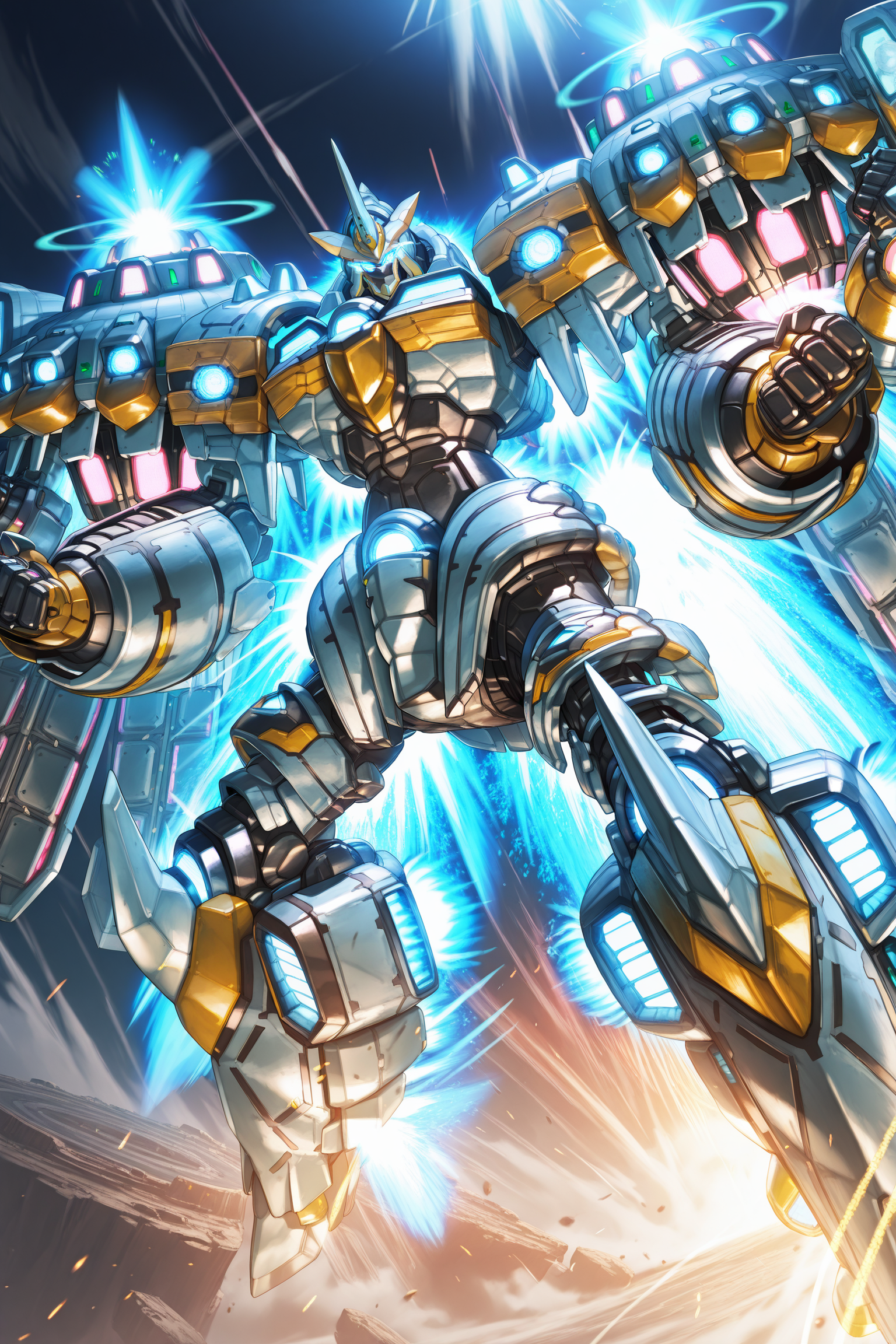 (high quality:1.1), detailed face, AA-ZEUS, solo, looking at viewer, blue eyes, weapon, no humans, glowing, robot, glowing eyes, mecha, science fiction, clenched hands, v-fin, mechanical wings, thrusters, single horn, mobile suit, flying <lora:Divine_Arsenal_AA-ZEUS-10:1>