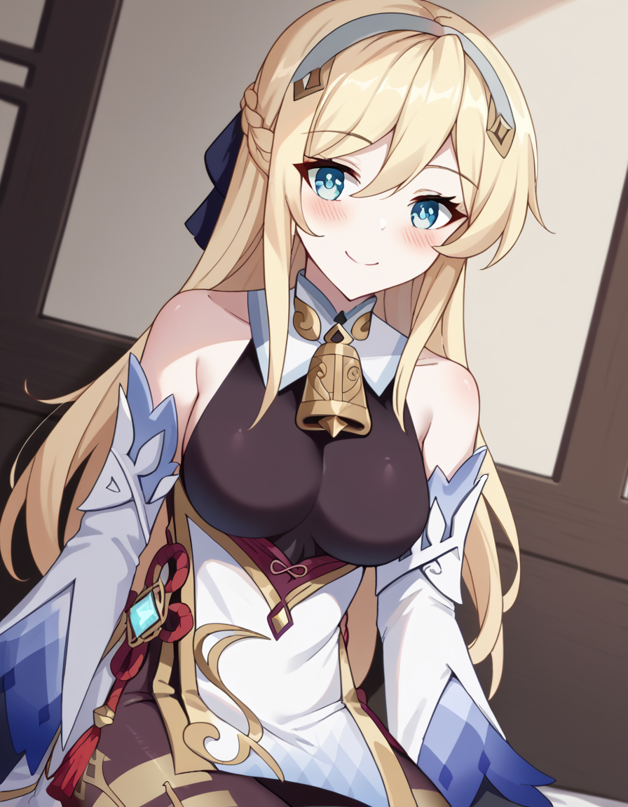 score_9, score_8_up, score_7_up, source_anime, <lora:hildegard-minas-lestia-s2-ponyxl-lora-nochekaiser:1>, hildegard minas lestia, long hair, blue eyes, blonde hair, braid, french braid,, <lora:genshin-ganyu-cosplay-ponyxl-lora-nochekaiser:1>, genshin ganyu cosplay, ganyu (genshin impact) (cosplay), gloves, bare shoulders, detached sleeves, black gloves, bell, bodysuit, neck bell, black bodysuit, vision (genshin impact), bodystocking, cowbell, chinese knot,, indoors, sitting, smile, blush,, cowboy shot, looking at viewer, , dutch angle, cowboy shot