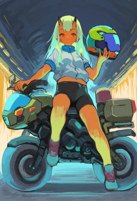 amazing quality, newest, absurdres, realistic lighting, 1girl, solo, oni horns, ground vehicle, motor vehicle, motorcycle, bike shorts, long hair, holding helmet, riding, mounted, front view, <lora:naohito-IL>