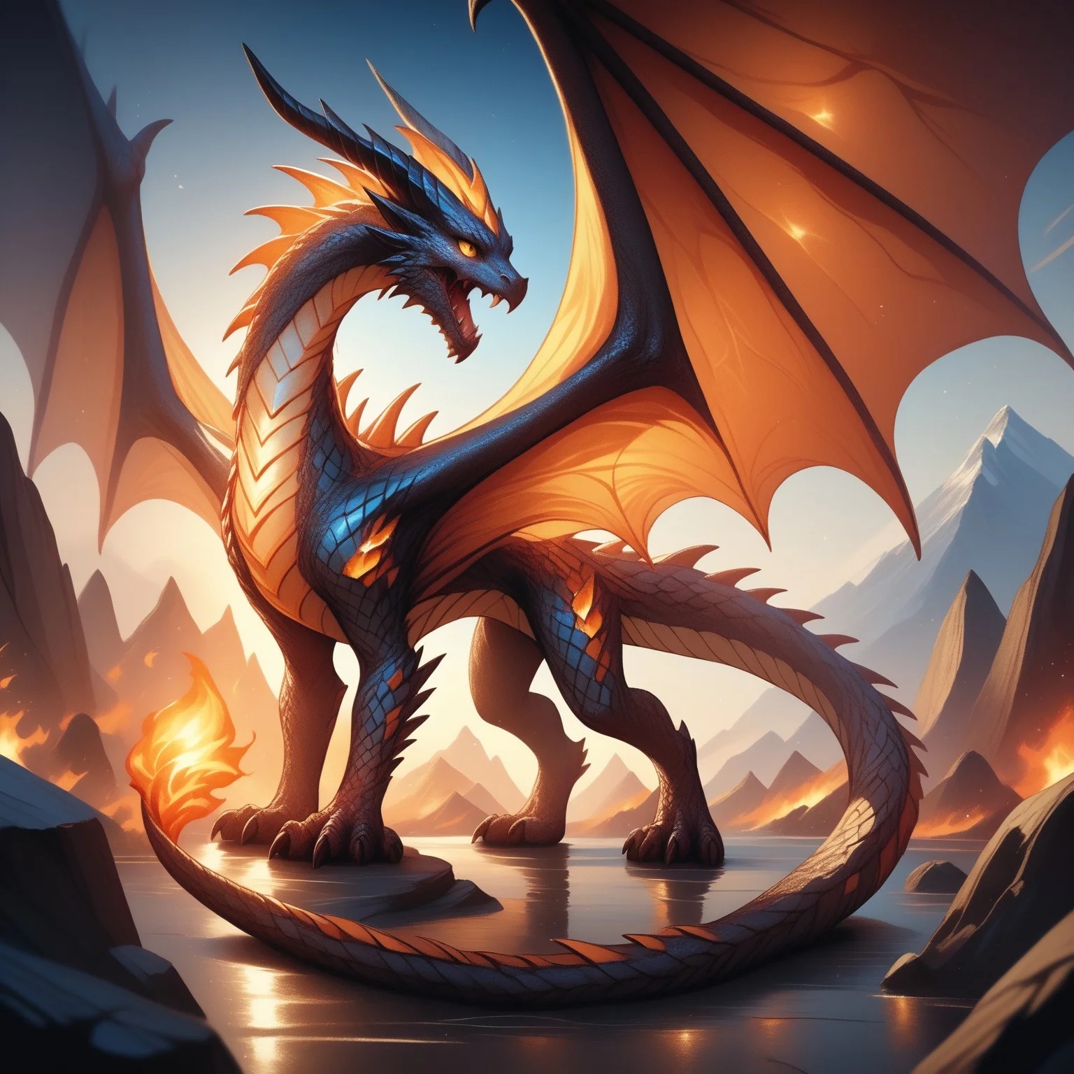 score_9, score_8_up, score_7_up, score_6_up, score_5_up, score_4_up, highly detailed, cryst4l, crystalline, crystal no humans, wings, dragon, horns, tail, sky, fire, molten rock, scales, mountain, glowing, solo, claws, glowing eyes, outdoors, dragon horns, monster, reflection, dragon wings, standing, breathing fire, dragon tail, open mouth, day, teeth, spikes, blue sky, from side, sharp teeth, orange eyes, yellow eyes, fangs, full body <lora:crystalline-000002>