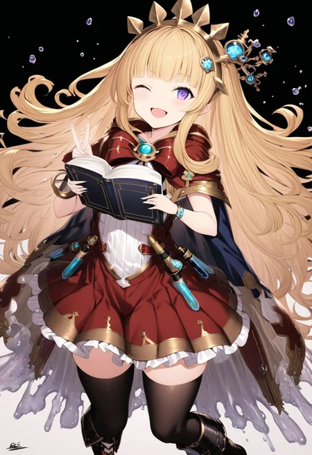 masterpiece, best quality, ultra-detailed, beautiful, nai3, 1girl, solo, full_body, tachi-e,
cagliostro \(granblue fantasy\), 1girl, ;d, arm guards, black footwear, black thighhighs, blonde hair, blunt bangs, blush, book, boots, bracelet, cape, full body, glowing, heart, holding, holding book, jewelry, knee boots, knees together feet apart, liquid, long hair, looking at viewer, one eye closed, open book, open mouth, purple eyes, red ribbon, red skirt, ribbon, signature, simple background, skirt, smile, solo, test tube, thighhighs, v, very long hair, white background