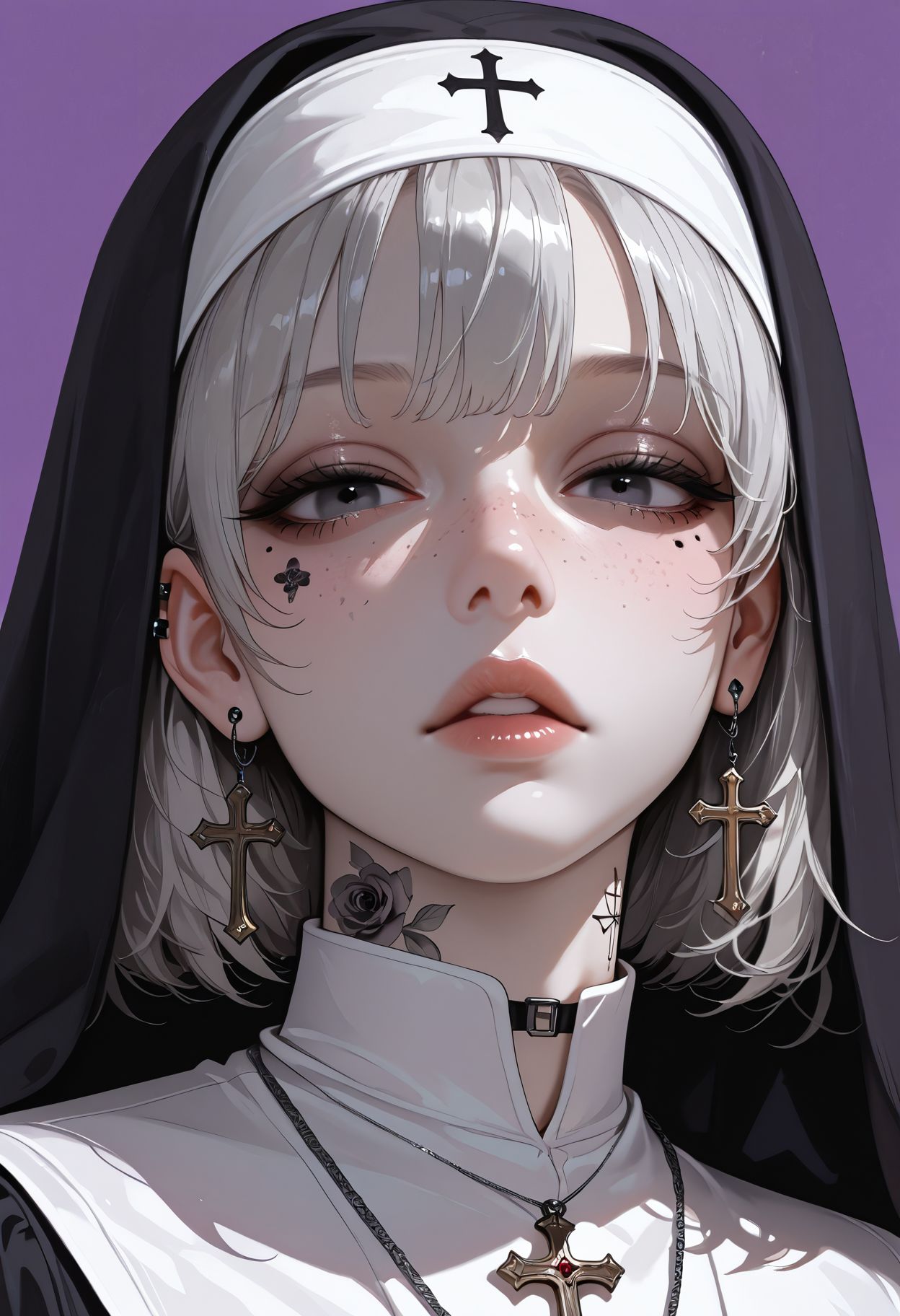 masterpiece, best quality,  very aesthetic, absurdres, newest, depth of field,realistic, goth girl  <lora:gothic_niji_style_ilxl_goofy:0.8>
1girl, purple background, jewelry, neck tattoo, cross earrings, traditional nun, nose, portrait, cross necklace, habit, ear piercing, parted lips, simple background, mole under eye, flower tattoo, freckles, latin cross, looking at viewer, short hair, pale skin
