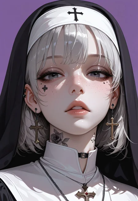 masterpiece, best quality, very aesthetic, absurdres, newest, depth of field,realistic, goth girl <lora:gothic_niji_style_ilxl_goofy:0.8>
1girl, purple background, jewelry, neck tattoo, cross earrings, traditional nun, nose, portrait, cross necklace, habit, ear piercing, parted lips, simple background, mole under eye, flower tattoo, freckles, latin cross, looking at viewer, short hair, pale skin