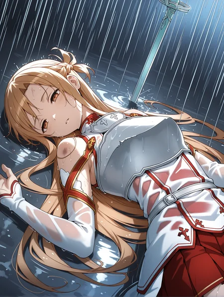 masterpiece,best quality,newest,
1girl,solo,
<lora:a_asuna_ilxl_v1:1>,a_asuna,brown eyes,a_clothes,long_sleeves,armor,red skirt,a_sword,
<lora:Fixhands_anime_bdsqlsz_V1:1>,dynamic_angle,cinematic_angle,white_background,simple_background,on back,(bruise on body:1.2),view from above,be breathless,torn clothes,(wet,wet skin,sweaty,soggy,wet hair:1.3),wet clothes,(faint,knocked out,passed out,),half-closed eyes,rain,ground,broken_weapon,cut,scratch,
